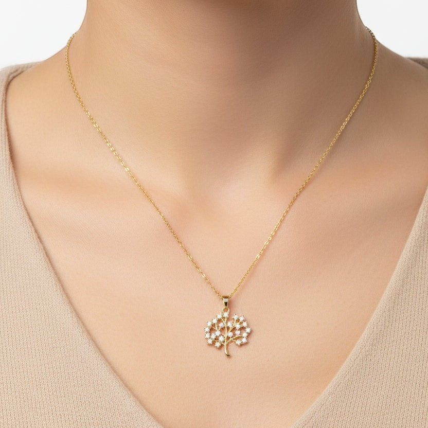 SVORA gold Tree of Life necklace with white CZ stones, 18K gold plated stainless steel.