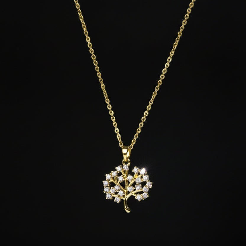 SVORA gold Tree of Life necklace with white CZ stones, 18K gold plated stainless steel, waterproof and anti-tarnish.