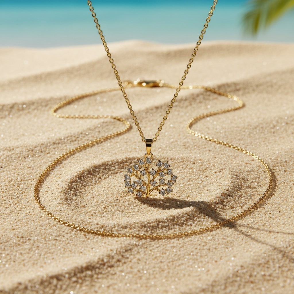 SVORA gold Tree of Life necklace with white CZ stones on a delicate chain, set on a sandy beach.