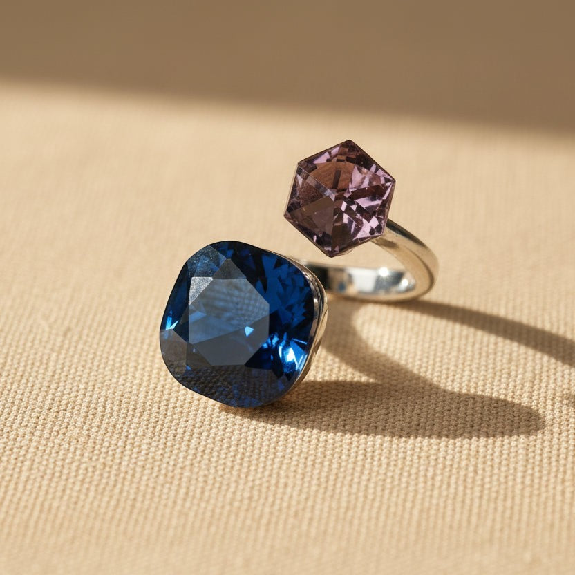 SVORA Toi et Moi Velvet Tanzanite Ring with blue cushion and purple cube stones, silver band, adjustable.