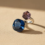 SVORA Toi et Moi Velvet Tanzanite Ring with blue cushion and purple cube stones, silver band, adjustable.