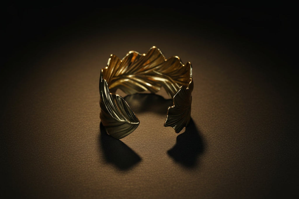 SVORA Wavy Leaf Cuff Bracelet, 18K gold plated stainless steel, adjustable, waterproof, anti-tarnish, hypoallergenic.