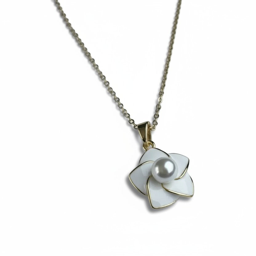 SVORA white enamel pearl flower necklace with gold-plated stainless steel chain