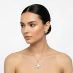 SVORA white pearlescent starfish necklace and earrings set with gold edges. Stainless steel with 18K gold tone plating.