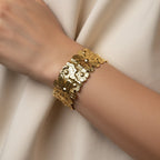 SVORA Wild Garden Cuff Bracelet, 18K gold plated stainless steel with layered floral design.