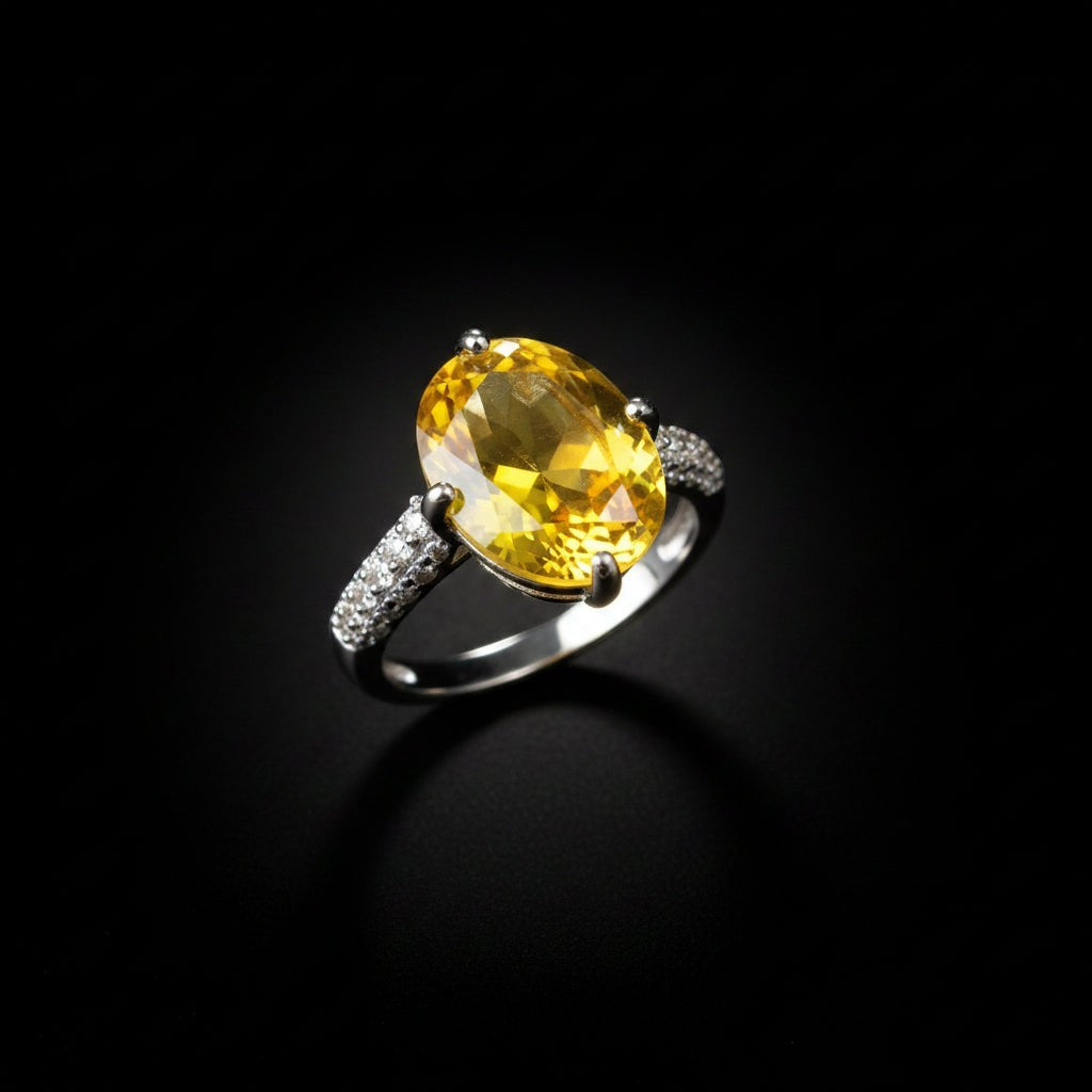 SVORA Ethereal Yellow Sapphire Solitaire Ring with oval-cut yellow stone and pavé shoulders on a silver band.